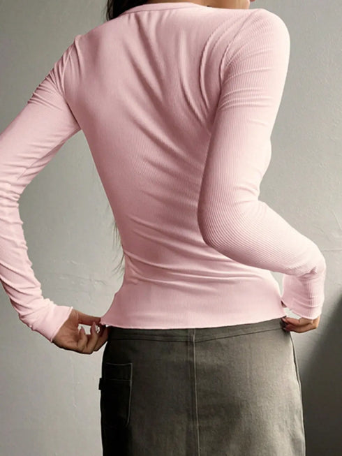 'Elara' Ribbed Half Button Long Sleeve Shirt - Celes Fashion